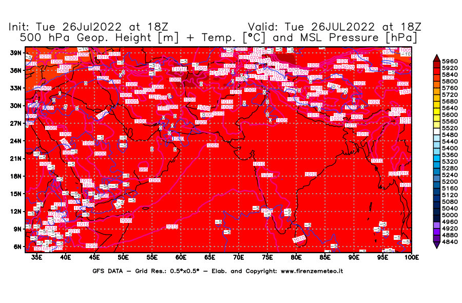 Mappa di analisi GFS - Geopotenziale [m] + Temp. [°C] a 500 hPa + Press. a livello del mare [hPa] in Asia Sud-Occidentale
							del 26/07/2022 18 <!--googleoff: index-->UTC<!--googleon: index-->