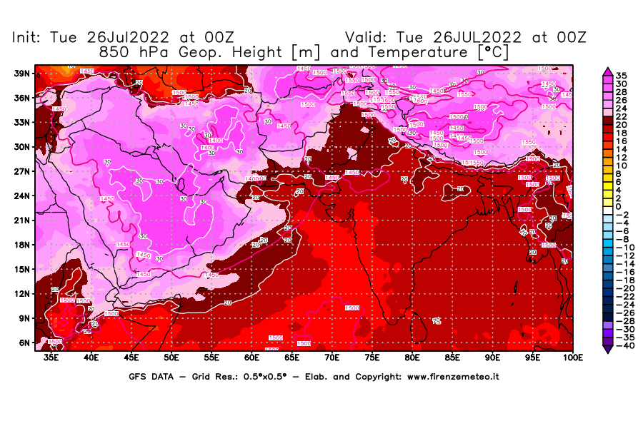 Mappa di analisi GFS - Geopotenziale [m] e Temperatura [°C] a 850 hPa in Asia Sud-Occidentale
							del 26/07/2022 00 <!--googleoff: index-->UTC<!--googleon: index-->