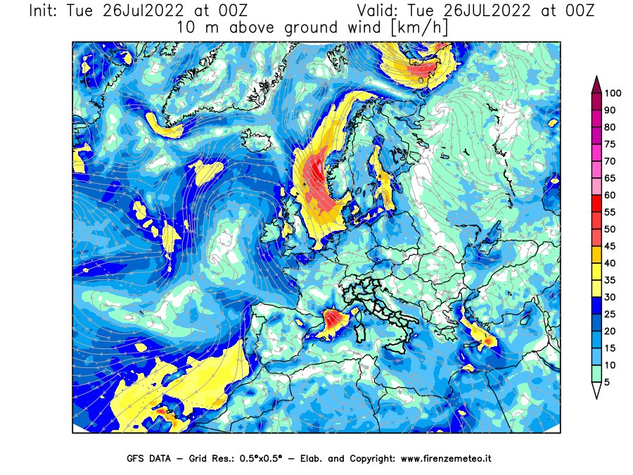 Mappa di analisi GFS - Velocità del vento a 10 metri dal suolo [km/h] in Europa
							del 26/07/2022 00 <!--googleoff: index-->UTC<!--googleon: index-->