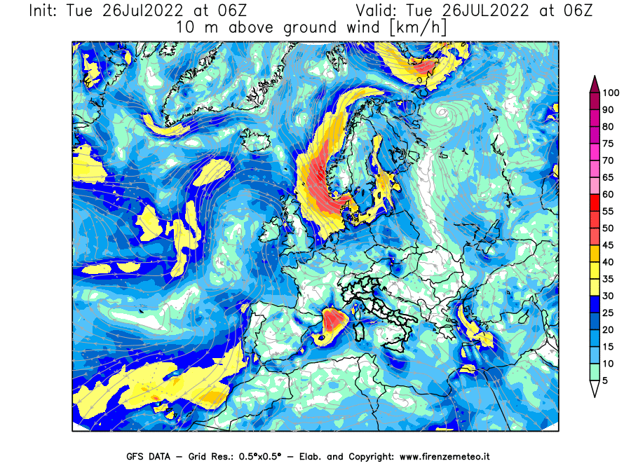 Mappa di analisi GFS - Velocità del vento a 10 metri dal suolo [km/h] in Europa
							del 26/07/2022 06 <!--googleoff: index-->UTC<!--googleon: index-->