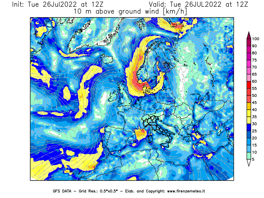 Mappa di analisi GFS - Velocità del vento a 10 metri dal suolo [km/h] in Europa
							del 26/07/2022 12 <!--googleoff: index-->UTC<!--googleon: index-->