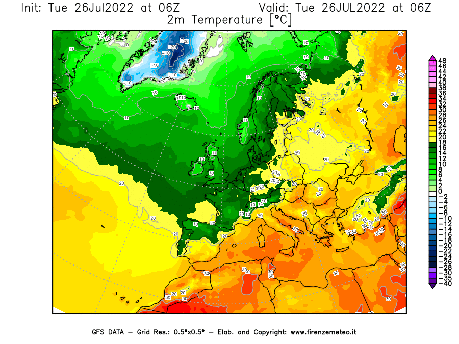 Mappa di analisi GFS - Temperatura a 2 metri dal suolo [°C] in Europa
							del 26/07/2022 06 <!--googleoff: index-->UTC<!--googleon: index-->
