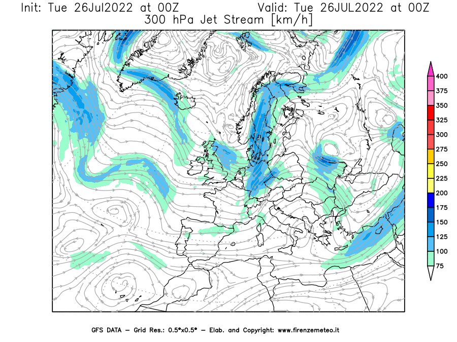 Mappa di analisi GFS - Jet Stream a 300 hPa in Europa
							del 26/07/2022 00 <!--googleoff: index-->UTC<!--googleon: index-->
