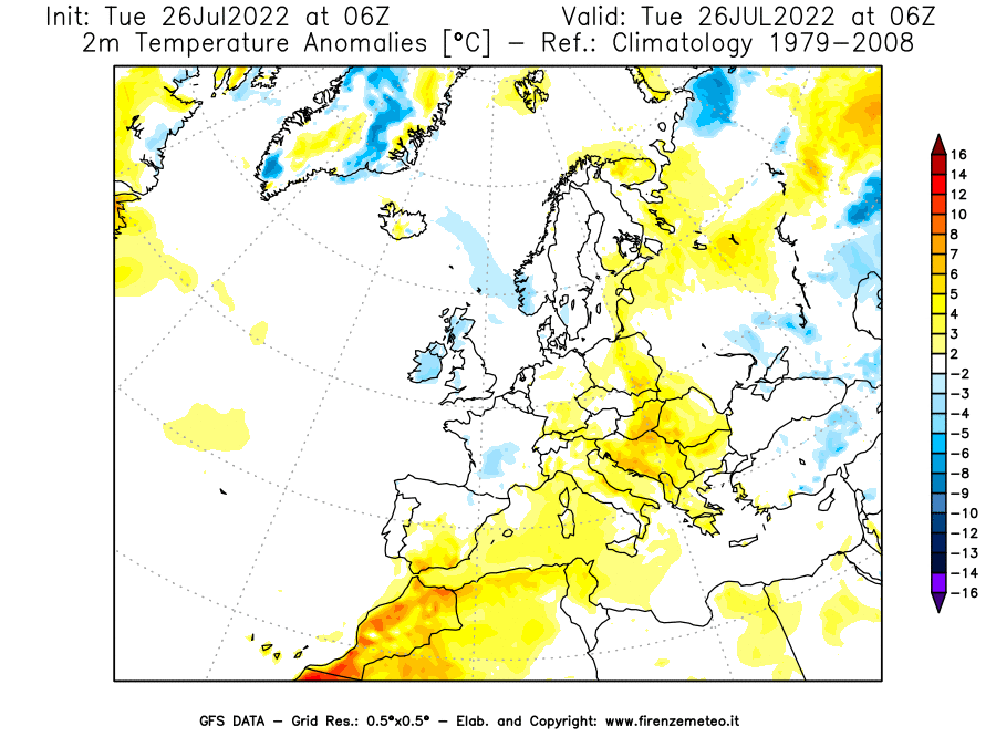 Mappa di analisi GFS - Anomalia Temperatura [°C] a 2 m in Europa
							del 26/07/2022 06 <!--googleoff: index-->UTC<!--googleon: index-->