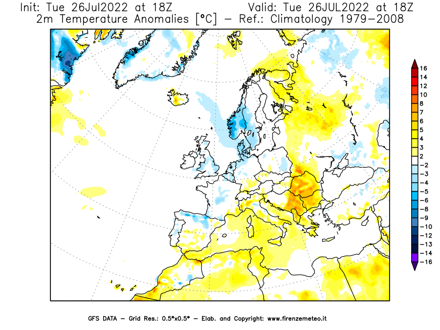 Mappa di analisi GFS - Anomalia Temperatura [°C] a 2 m in Europa
							del 26/07/2022 18 <!--googleoff: index-->UTC<!--googleon: index-->