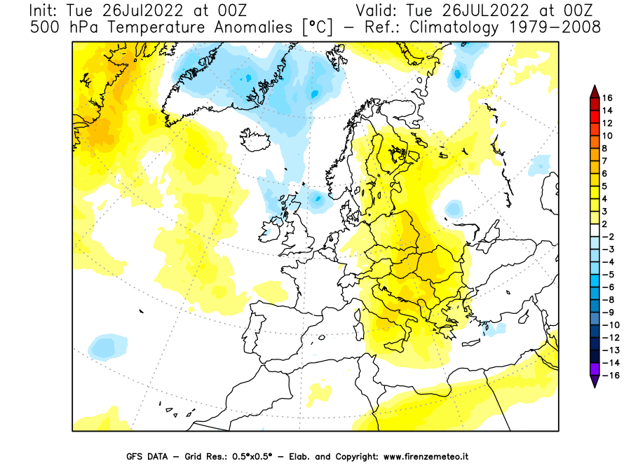 Mappa di analisi GFS - Anomalia Temperatura [°C] a 500 hPa in Europa
							del 26/07/2022 00 <!--googleoff: index-->UTC<!--googleon: index-->