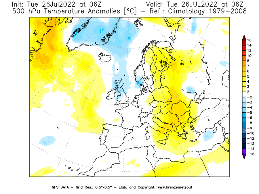 Mappa di analisi GFS - Anomalia Temperatura [°C] a 500 hPa in Europa
							del 26/07/2022 06 <!--googleoff: index-->UTC<!--googleon: index-->