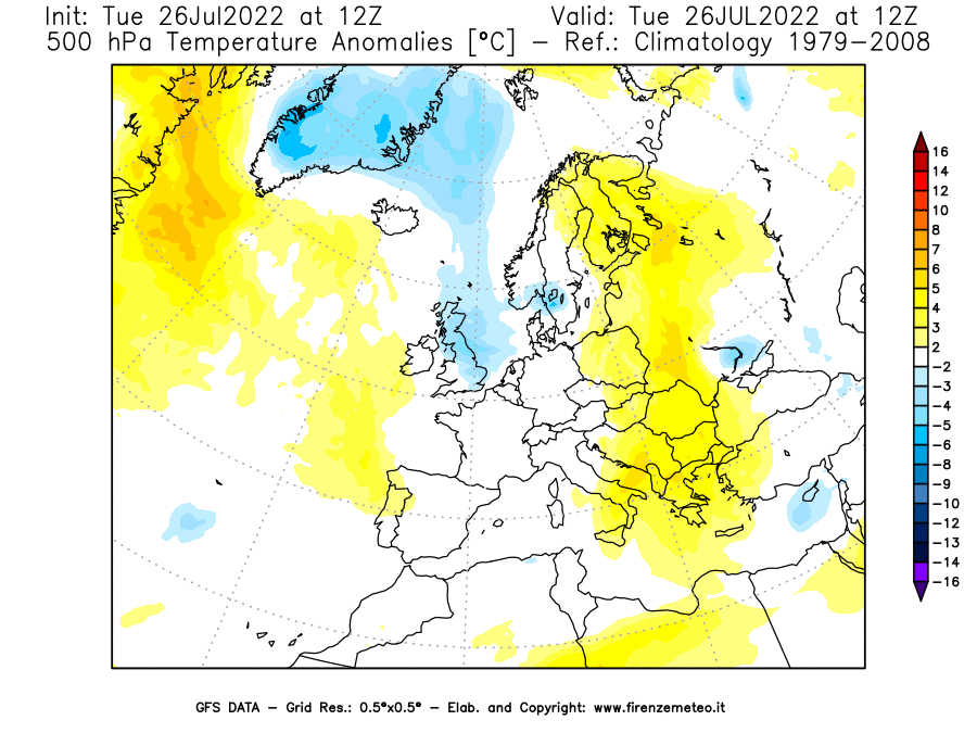 Mappa di analisi GFS - Anomalia Temperatura [°C] a 500 hPa in Europa
							del 26/07/2022 12 <!--googleoff: index-->UTC<!--googleon: index-->