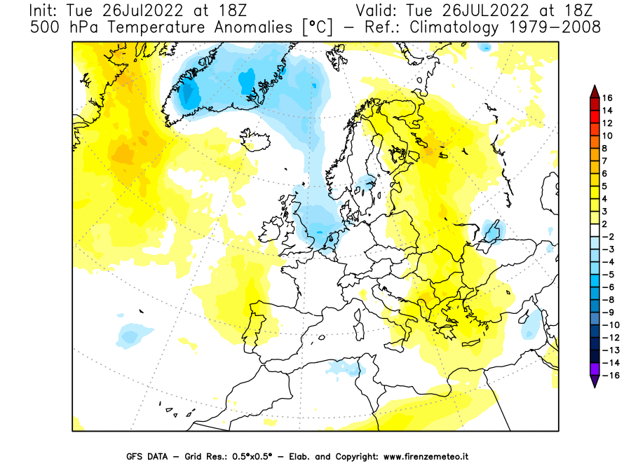 Mappa di analisi GFS - Anomalia Temperatura [°C] a 500 hPa in Europa
							del 26/07/2022 18 <!--googleoff: index-->UTC<!--googleon: index-->