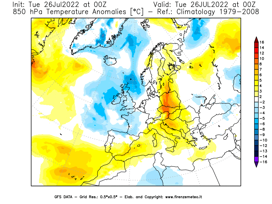 Mappa di analisi GFS - Anomalia Temperatura [°C] a 850 hPa in Europa
							del 26/07/2022 00 <!--googleoff: index-->UTC<!--googleon: index-->