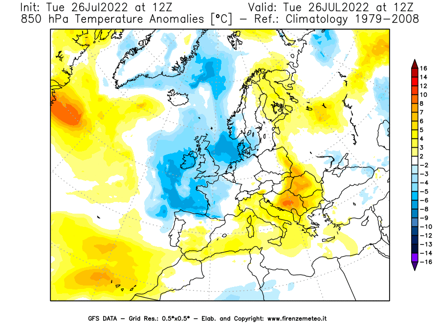Mappa di analisi GFS - Anomalia Temperatura [°C] a 850 hPa in Europa
							del 26/07/2022 12 <!--googleoff: index-->UTC<!--googleon: index-->