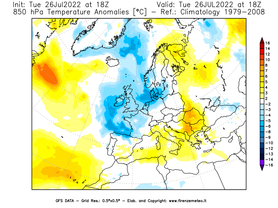Mappa di analisi GFS - Anomalia Temperatura [°C] a 850 hPa in Europa
							del 26/07/2022 18 <!--googleoff: index-->UTC<!--googleon: index-->