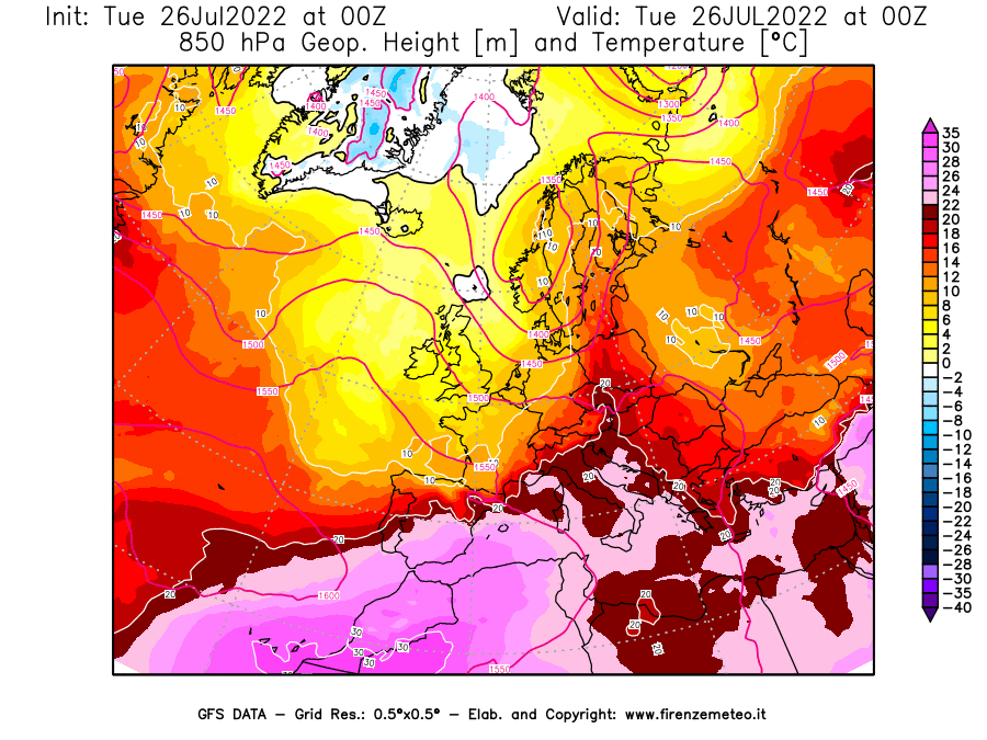 Mappa di analisi GFS - Geopotenziale [m] e Temperatura [°C] a 850 hPa in Europa
							del 26/07/2022 00 <!--googleoff: index-->UTC<!--googleon: index-->