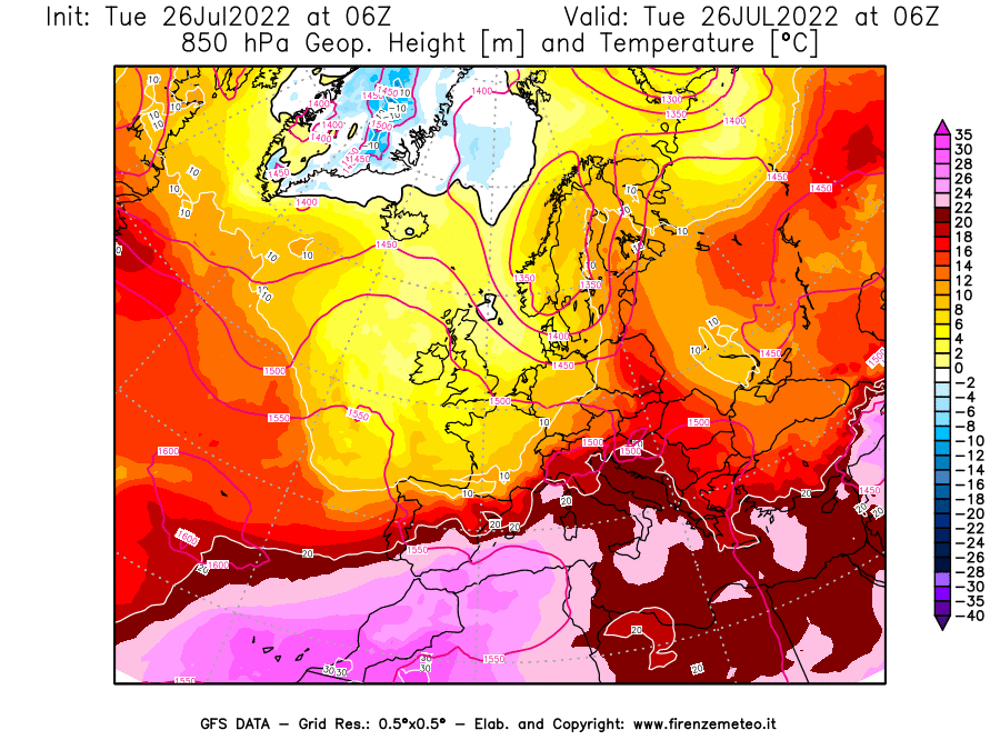 Mappa di analisi GFS - Geopotenziale [m] e Temperatura [°C] a 850 hPa in Europa
							del 26/07/2022 06 <!--googleoff: index-->UTC<!--googleon: index-->
