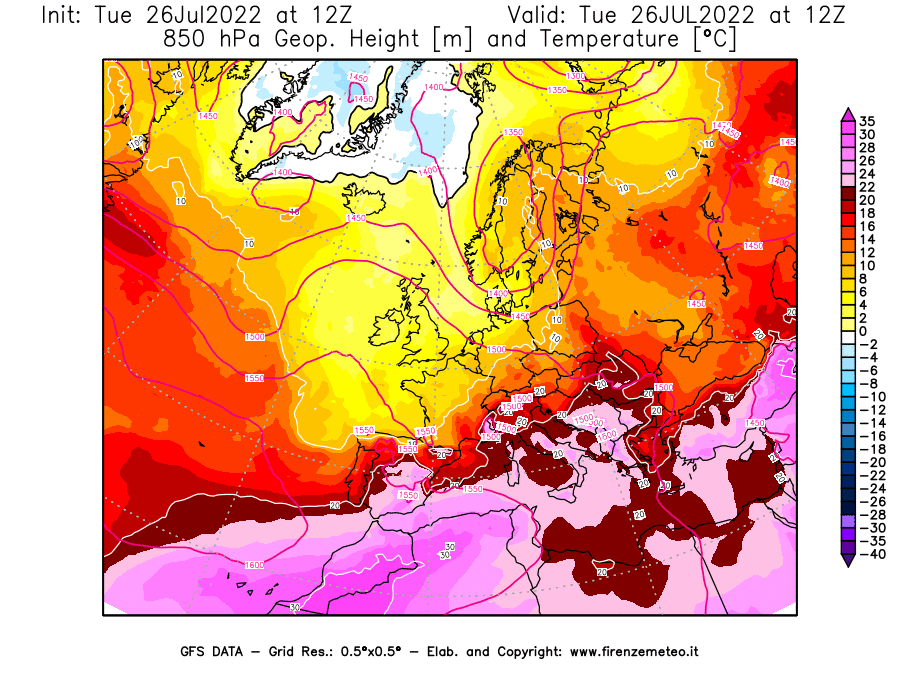 Mappa di analisi GFS - Geopotenziale [m] e Temperatura [°C] a 850 hPa in Europa
							del 26/07/2022 12 <!--googleoff: index-->UTC<!--googleon: index-->