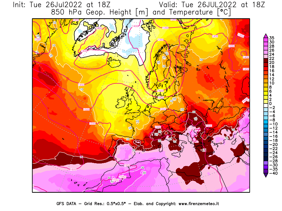 Mappa di analisi GFS - Geopotenziale [m] e Temperatura [°C] a 850 hPa in Europa
							del 26/07/2022 18 <!--googleoff: index-->UTC<!--googleon: index-->
