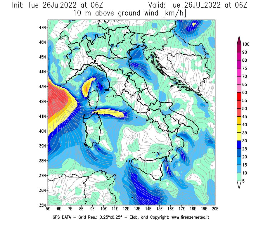 Mappa di analisi GFS - Velocità del vento a 10 metri dal suolo [km/h] in Italia
							del 26/07/2022 06 <!--googleoff: index-->UTC<!--googleon: index-->