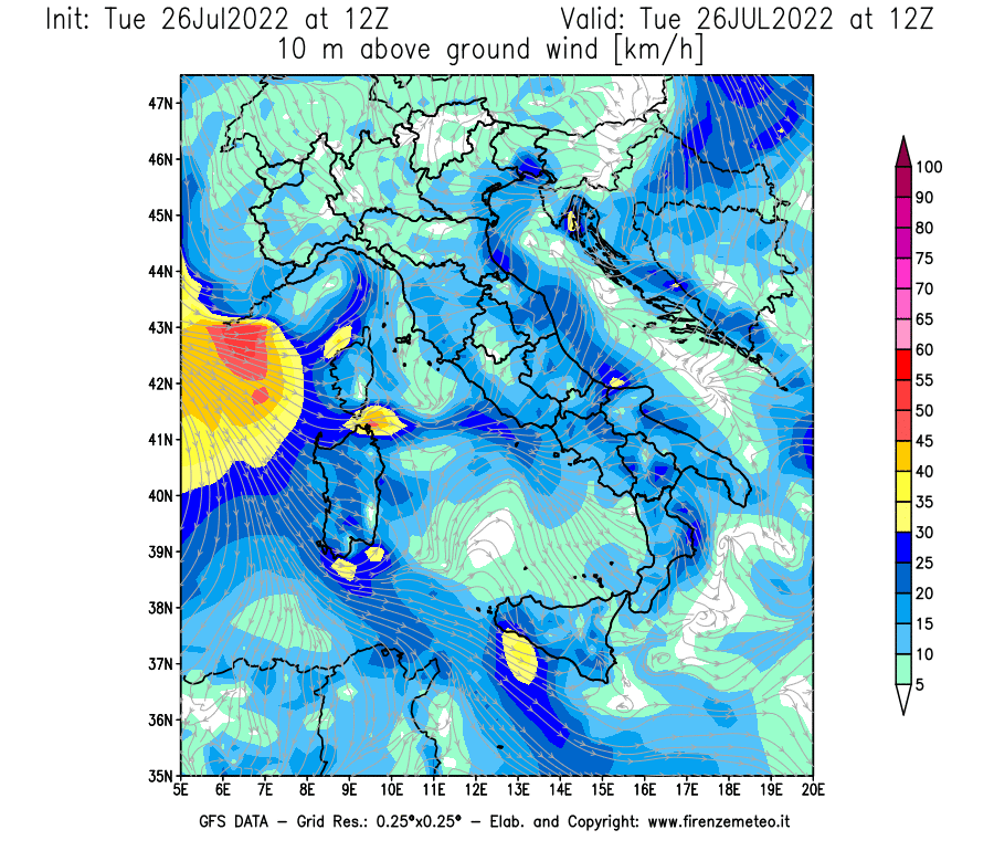 Mappa di analisi GFS - Velocità del vento a 10 metri dal suolo [km/h] in Italia
							del 26/07/2022 12 <!--googleoff: index-->UTC<!--googleon: index-->