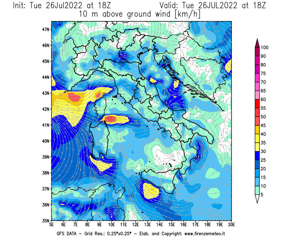 Mappa di analisi GFS - Velocità del vento a 10 metri dal suolo [km/h] in Italia
							del 26/07/2022 18 <!--googleoff: index-->UTC<!--googleon: index-->