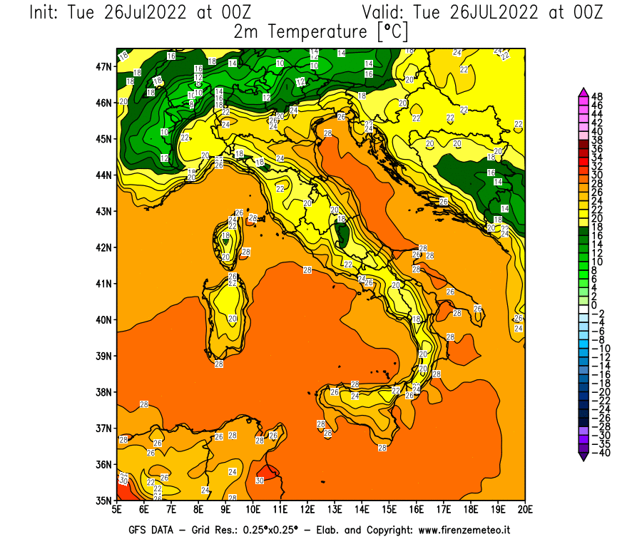 Mappa di analisi GFS - Temperatura a 2 metri dal suolo [°C] in Italia
							del 26/07/2022 00 <!--googleoff: index-->UTC<!--googleon: index-->