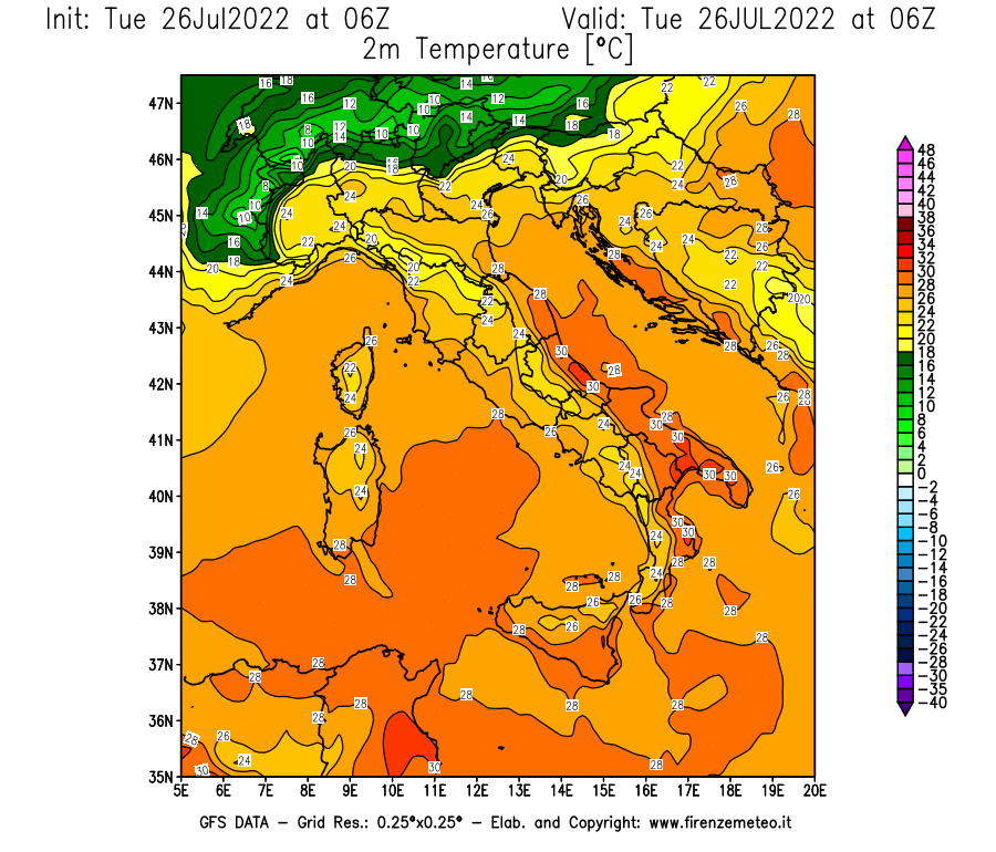 Mappa di analisi GFS - Temperatura a 2 metri dal suolo [°C] in Italia
							del 26/07/2022 06 <!--googleoff: index-->UTC<!--googleon: index-->