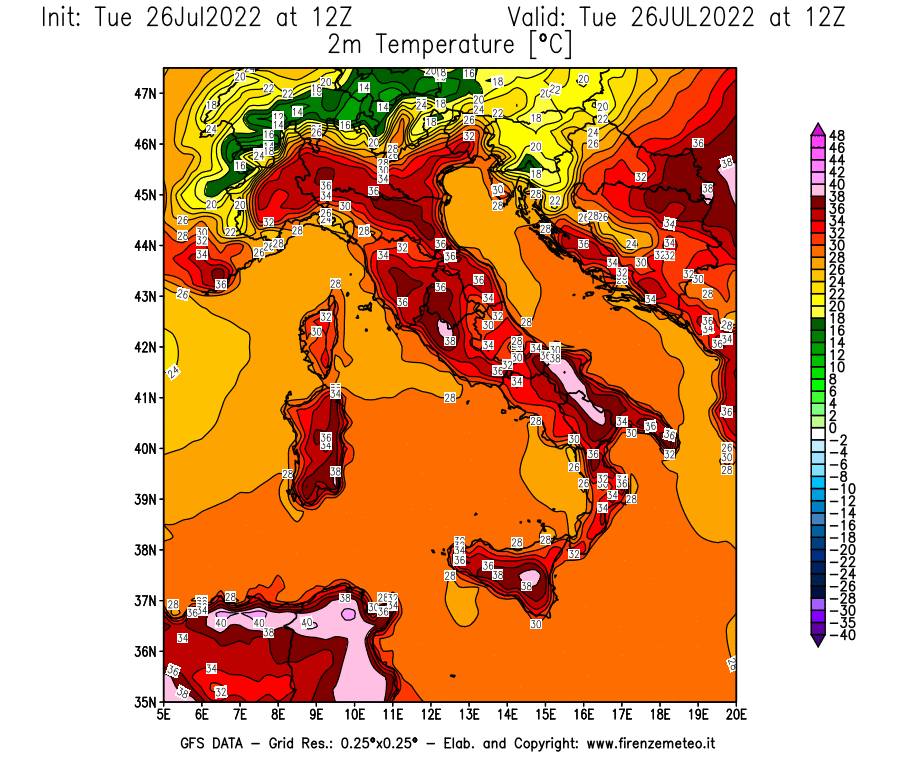 Mappa di analisi GFS - Temperatura a 2 metri dal suolo [°C] in Italia
							del 26/07/2022 12 <!--googleoff: index-->UTC<!--googleon: index-->
