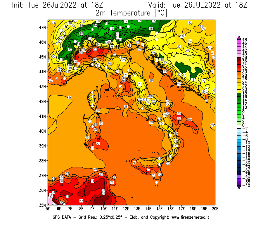 Mappa di analisi GFS - Temperatura a 2 metri dal suolo [°C] in Italia
							del 26/07/2022 18 <!--googleoff: index-->UTC<!--googleon: index-->