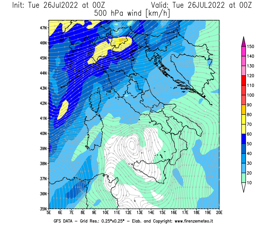Mappa di analisi GFS - Velocità del vento a 500 hPa [km/h] in Italia
							del 26/07/2022 00 <!--googleoff: index-->UTC<!--googleon: index-->
