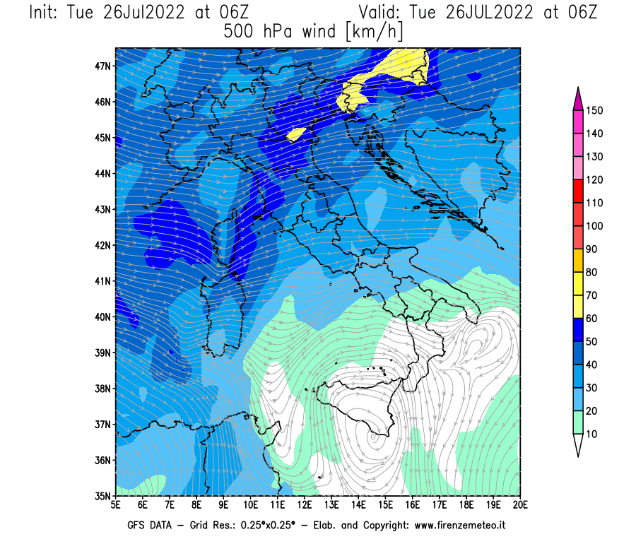 Mappa di analisi GFS - Velocità del vento a 500 hPa [km/h] in Italia
							del 26/07/2022 06 <!--googleoff: index-->UTC<!--googleon: index-->