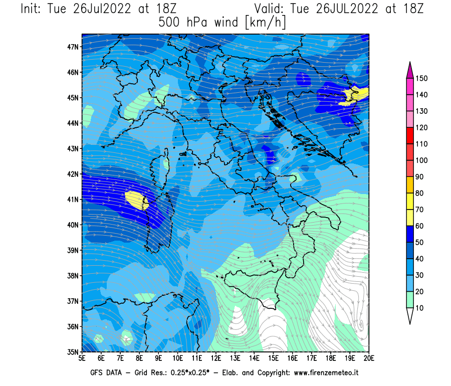 Mappa di analisi GFS - Velocità del vento a 500 hPa [km/h] in Italia
							del 26/07/2022 18 <!--googleoff: index-->UTC<!--googleon: index-->