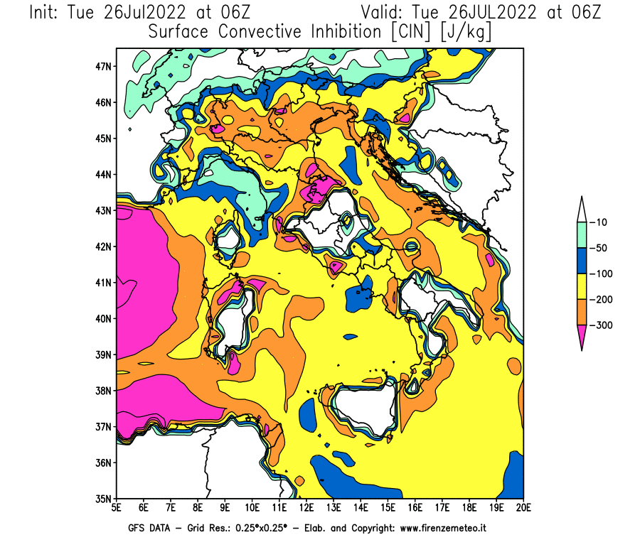 Mappa di analisi GFS - CIN [J/kg] in Italia
							del 26/07/2022 06 <!--googleoff: index-->UTC<!--googleon: index-->