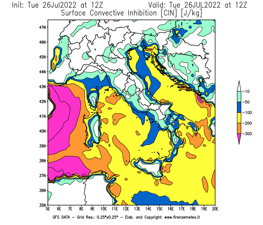 Mappa di analisi GFS - CIN [J/kg] in Italia
							del 26/07/2022 12 <!--googleoff: index-->UTC<!--googleon: index-->