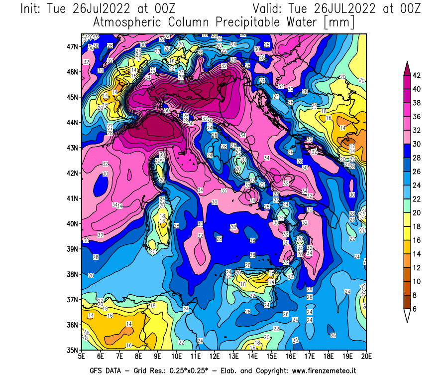 Mappa di analisi GFS - Precipitable Water [mm] in Italia
							del 26/07/2022 00 <!--googleoff: index-->UTC<!--googleon: index-->
