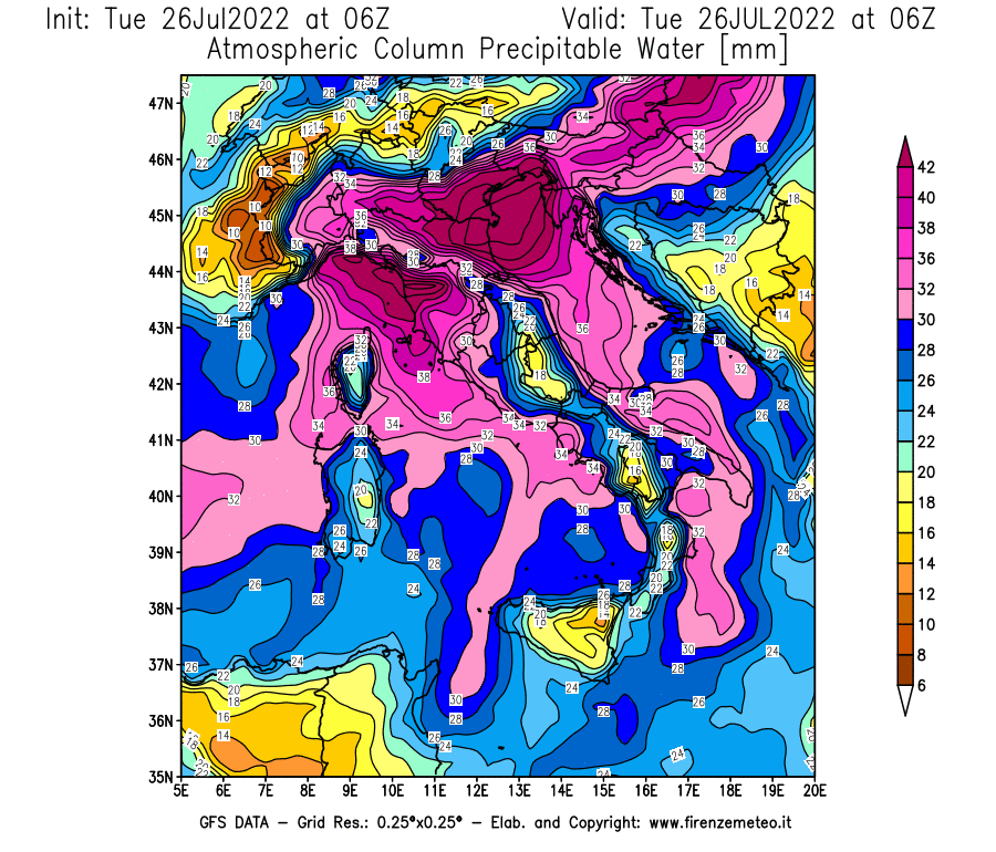 Mappa di analisi GFS - Precipitable Water [mm] in Italia
							del 26/07/2022 06 <!--googleoff: index-->UTC<!--googleon: index-->