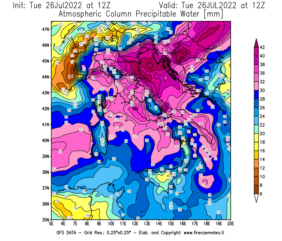 Mappa di analisi GFS - Precipitable Water [mm] in Italia
							del 26/07/2022 12 <!--googleoff: index-->UTC<!--googleon: index-->