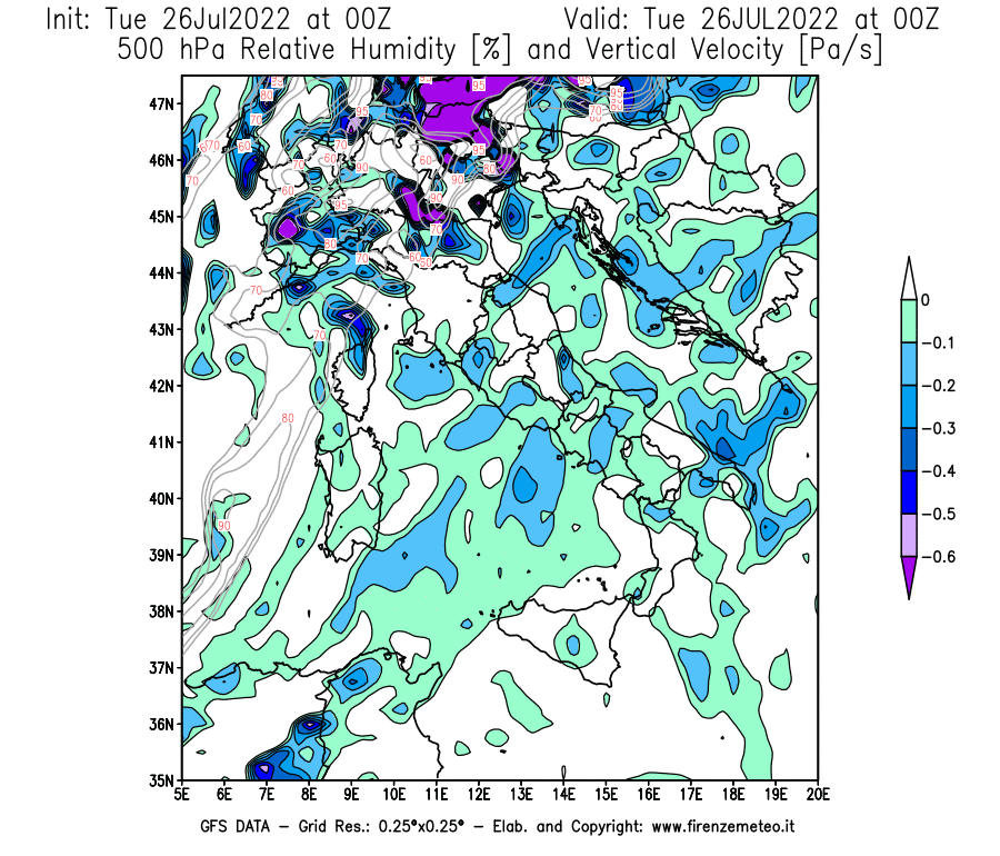 Mappa di analisi GFS - Umidità relativa [%] e Omega [Pa/s] a 500 hPa in Italia
							del 26/07/2022 00 <!--googleoff: index-->UTC<!--googleon: index-->