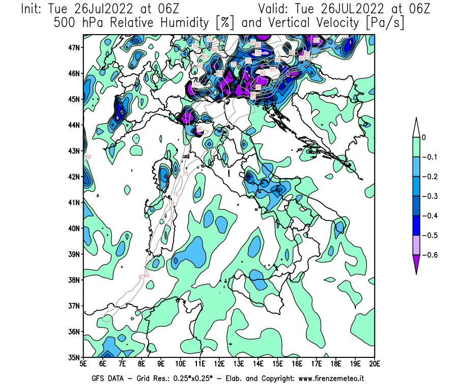 Mappa di analisi GFS - Umidità relativa [%] e Omega [Pa/s] a 500 hPa in Italia
							del 26/07/2022 06 <!--googleoff: index-->UTC<!--googleon: index-->