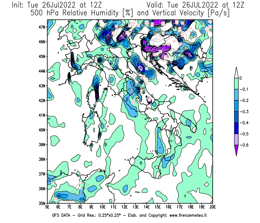 Mappa di analisi GFS - Umidità relativa [%] e Omega [Pa/s] a 500 hPa in Italia
							del 26/07/2022 12 <!--googleoff: index-->UTC<!--googleon: index-->