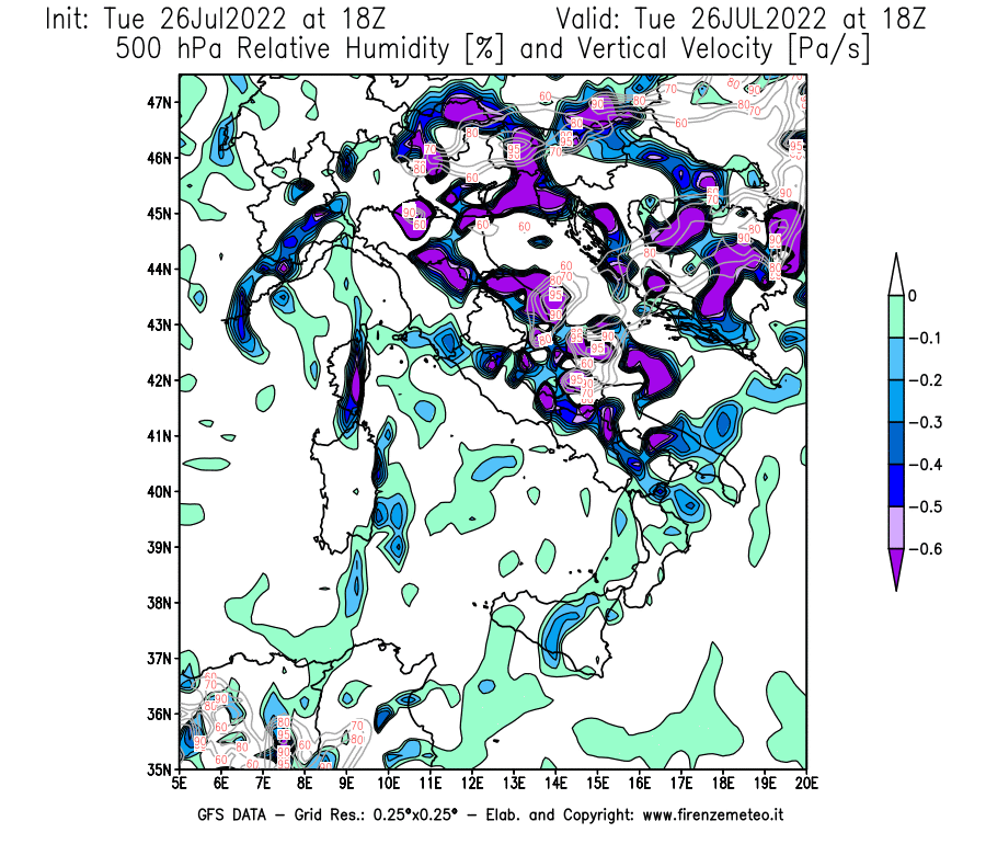 Mappa di analisi GFS - Umidità relativa [%] e Omega [Pa/s] a 500 hPa in Italia
							del 26/07/2022 18 <!--googleoff: index-->UTC<!--googleon: index-->