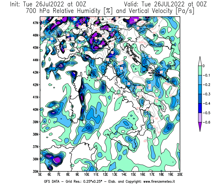 Mappa di analisi GFS - Umidità relativa [%] e Omega [Pa/s] a 700 hPa in Italia
							del 26/07/2022 00 <!--googleoff: index-->UTC<!--googleon: index-->