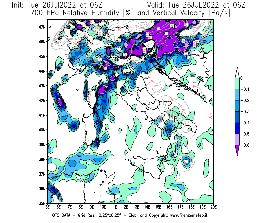 Mappa di analisi GFS - Umidità relativa [%] e Omega [Pa/s] a 700 hPa in Italia
							del 26/07/2022 06 <!--googleoff: index-->UTC<!--googleon: index-->