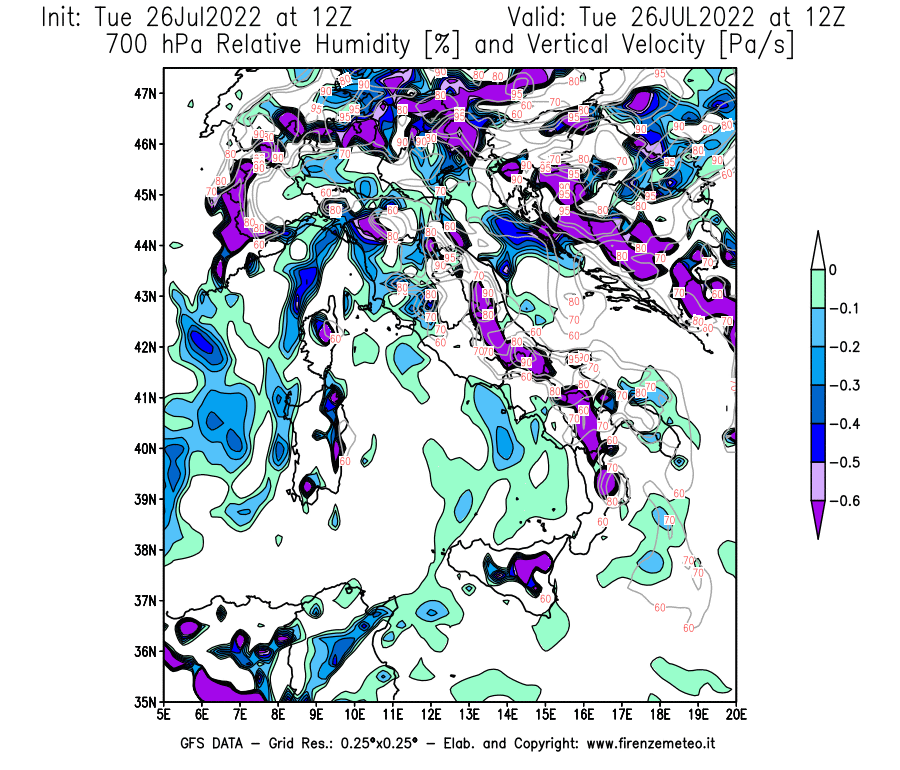 Mappa di analisi GFS - Umidità relativa [%] e Omega [Pa/s] a 700 hPa in Italia
							del 26/07/2022 12 <!--googleoff: index-->UTC<!--googleon: index-->