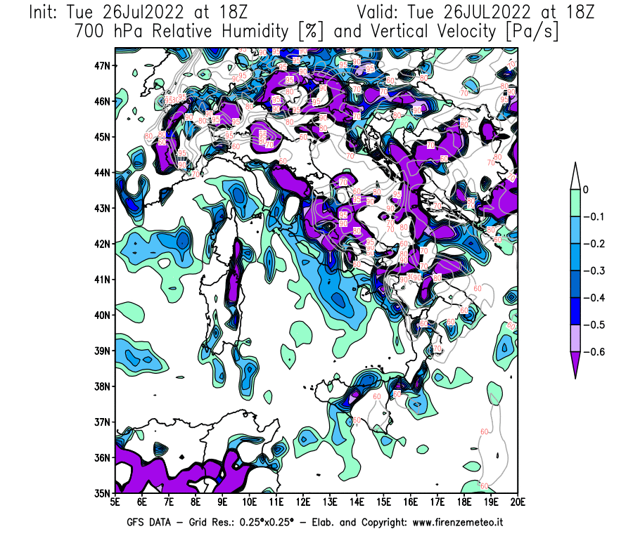 Mappa di analisi GFS - Umidità relativa [%] e Omega [Pa/s] a 700 hPa in Italia
							del 26/07/2022 18 <!--googleoff: index-->UTC<!--googleon: index-->