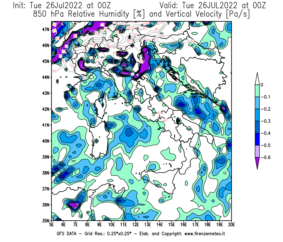 Mappa di analisi GFS - Umidità relativa [%] e Omega [Pa/s] a 850 hPa in Italia
							del 26/07/2022 00 <!--googleoff: index-->UTC<!--googleon: index-->