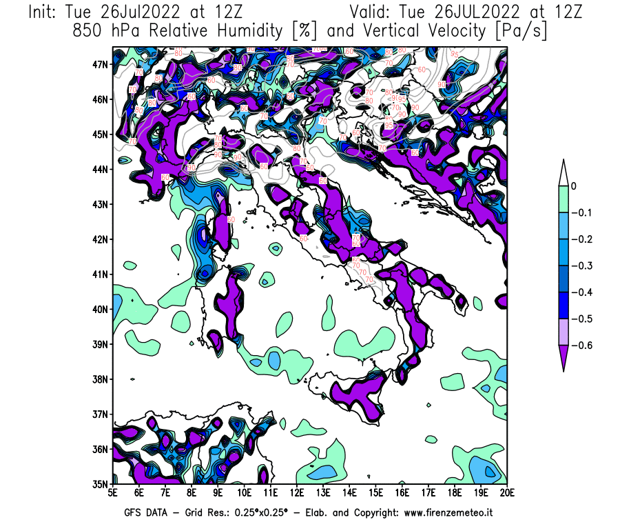 Mappa di analisi GFS - Umidità relativa [%] e Omega [Pa/s] a 850 hPa in Italia
							del 26/07/2022 12 <!--googleoff: index-->UTC<!--googleon: index-->