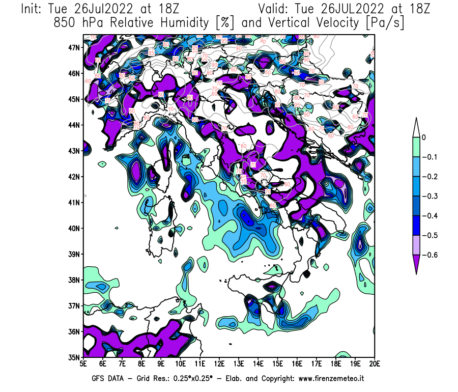 Mappa di analisi GFS - Umidità relativa [%] e Omega [Pa/s] a 850 hPa in Italia
							del 26/07/2022 18 <!--googleoff: index-->UTC<!--googleon: index-->