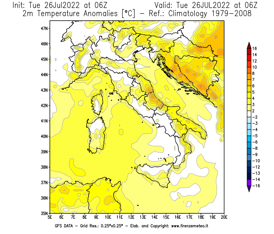 Mappa di analisi GFS - Anomalia Temperatura [°C] a 2 m in Italia
							del 26/07/2022 06 <!--googleoff: index-->UTC<!--googleon: index-->