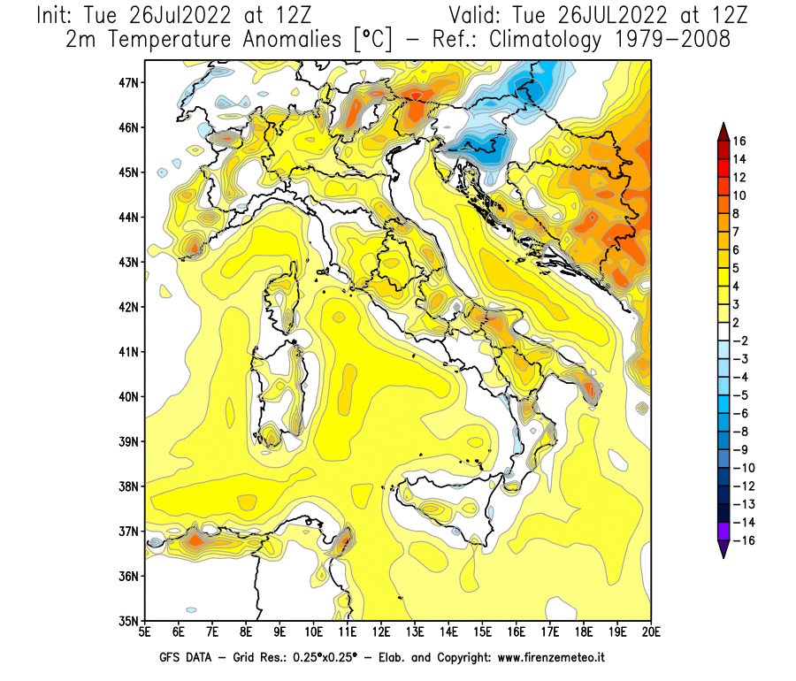 Mappa di analisi GFS - Anomalia Temperatura [°C] a 2 m in Italia
							del 26/07/2022 12 <!--googleoff: index-->UTC<!--googleon: index-->