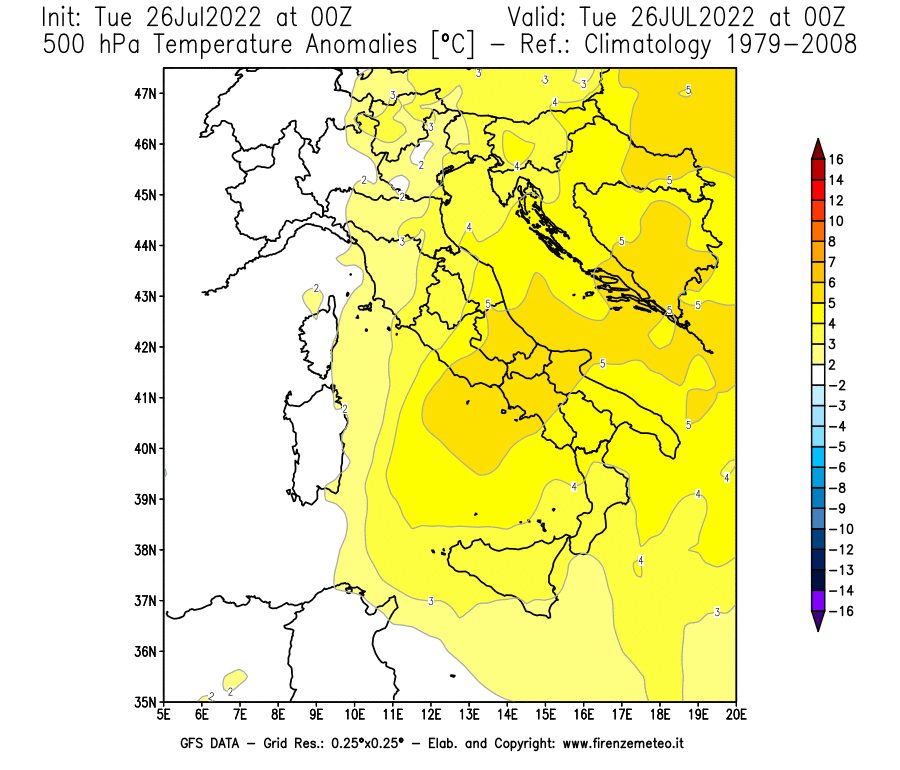 Mappa di analisi GFS - Anomalia Temperatura [°C] a 500 hPa in Italia
							del 26/07/2022 00 <!--googleoff: index-->UTC<!--googleon: index-->