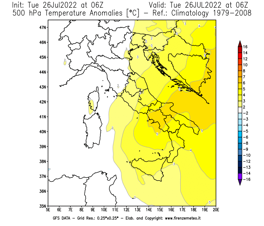 Mappa di analisi GFS - Anomalia Temperatura [°C] a 500 hPa in Italia
							del 26/07/2022 06 <!--googleoff: index-->UTC<!--googleon: index-->